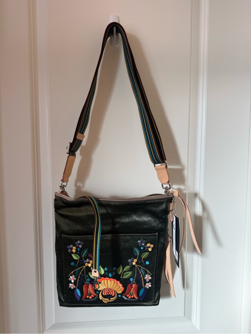 Consuela Black Crossbody with Colorful Floral Embroidery